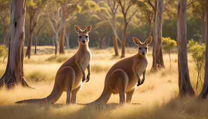 Obraz premium In the sunlight of forest glade or the golden hues of the grasslands, the Kangaroo roams with a sense of quiet grace, blending seamlessly into its natural surroundings