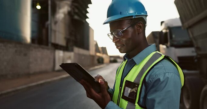 Man, civil engineering and tablet for building inspection or architecture maintenance, development or progress. Black person, trucks and construction site or project contractor, internet or check