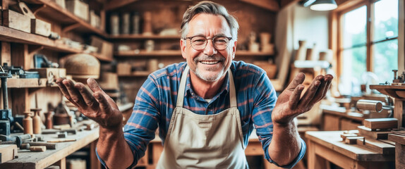 Obraz premium A happy, older craftsman stands in his wood workshop, hands outstretched, welcoming you into his creative space