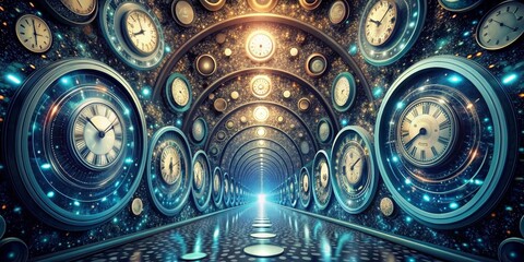 Time Tunnel: Journey Through the Ages - A mesmerizing tunnel adorned with numerous clocks, symbolizing the flow of time and the journey through different eras.