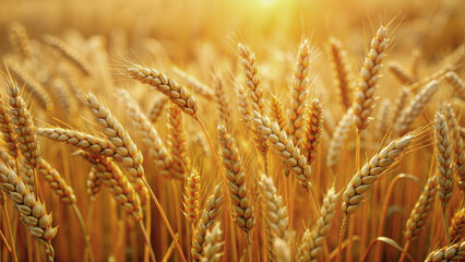 Fototapeta premium Golden Wheat Field with Sunlight Shining on Ripening Ears of Grain, macro texture