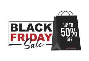 Black friday sale event vector design, with black shopping bag discount offer on white background.