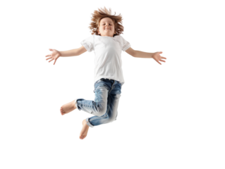 Joyful child jumping mid-air, wearing casual clothing, captured on a white background, showcasing energetic play and happiness.