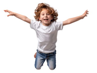 Happy boy jumps in mid-air wearing casual jeans and a white t-shirt, arms outstretched, expressing joy and excitement.