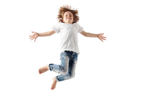 Joyful child jumping mid-air, wearing casual clothing, captured on a white background, showcasing energetic play and happiness. - Powered by Adobe