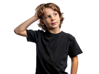 Thoughtful young child wearing a black shirt, looking up with a curious expression, isolated on a white background.