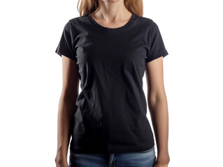 Obraz premium Woman wearing a plain black t-shirt mockup and jeans, standing against a white background. Simple casual outfit for everyday wear.