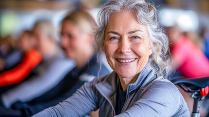 A senior woman with gray hair smiles at the camera while participating in an indoor cycling class