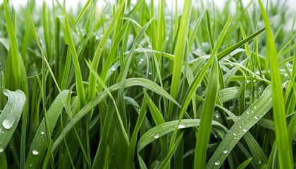 Close-up image capturing the intricate details of dew-covered blades of grass, emphasizing the freshness and natural beauty found in a lush green meadow during the early morning.
