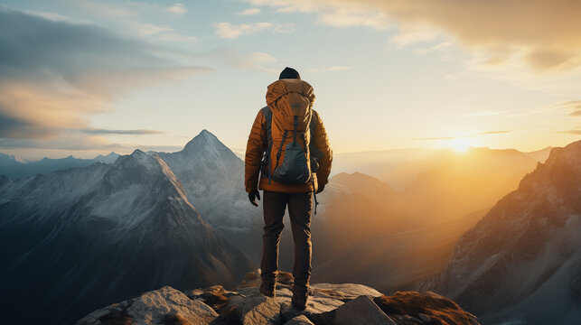 A lone hiker stands on a rocky peak, gazing out at a breathtaking vista of mountains bathed in the warm glow of the setting sun