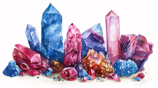 Artistic clipart of raw healing crystals and gemstones, including sapphire and ruby, on white background