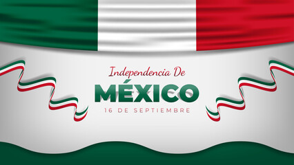 Independencia de México, 16 de septiembre Greeting Banner with Mexico Flag and Ribbons. Mexico Independence Day, 16th September