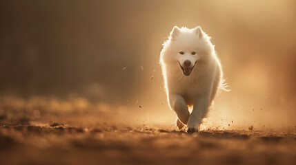 Fototapeta premium Full body shot of a Samoyed, happily running in the soft sunlight.