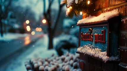 Cold snowy winter scene Santa mailbox festive Christmas country naughty nice kids letter writing north pole workshop magical freezing night snowfall frosty banner copy space good bad behavior post