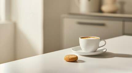 White ceramic cup of cappuccino with latte art and a cookie on a clean white table in a minimalist kitchen