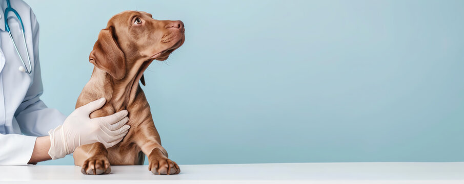 Dog with paw lifted, vet examining, 8k, photo-realistic, studio light, side shot