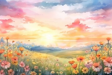 Fototapeta premium Flower fields backgrounds landscape panoramic.