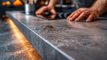 new countertop is installed in a modern kitchen. A persons hands are seen on the new surface