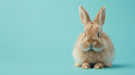 Obraz premium Photorealistic image of a fluffy bunny with long ears sitting on a solid light blue background Space above for text Natural lighting emphasizing the bunnys softness