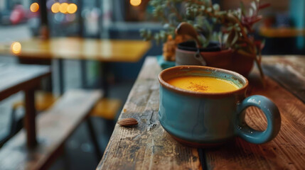Close-up of turmeric latte in ceramic cup on rustic wooden table in cozy cafe setting