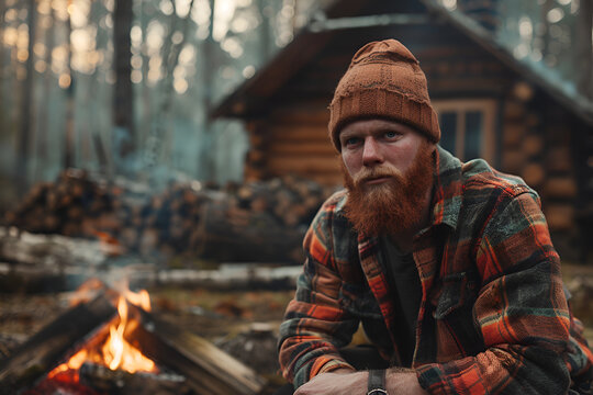 Man by Campfire in Rustic Forest Setting