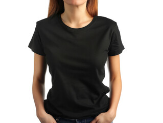 Obraz premium Woman wearing a black T-shirt mockup and jeans posing with hand in pocket against a neutral background