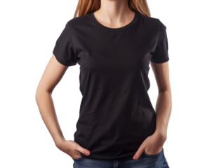 Woman wearing a black T-shirt mockup and jeans posing with hand in pocket against a neutral background