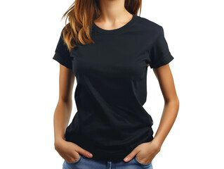 Obraz premium Woman wearing a black T-shirt mockup and jeans posing with hand in pocket against a neutral background