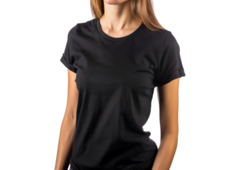 Woman wearing a black T-shirt mockup and jeans posing with hand in pocket against a neutral background