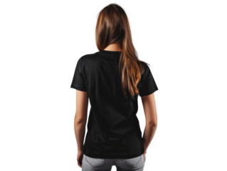 Rear view of a woman wearing a black T-shirt and jeans, standing isolated on a white background. Stylish casual fashion for women.