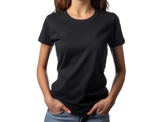 Obraz premium Woman wearing a black T-shirt mockup and jeans posing with hand in pocket against a neutral background