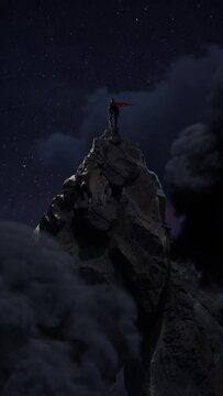 climb to the top. The hero is alone on top of a cliff above the clouds, the concept of achieving the goal