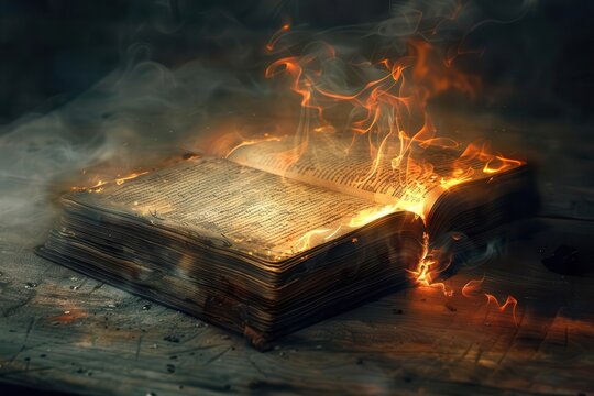 mysterious ancient book emitting fiery smoke magical spell tome fantasy literature concept 3d digital art