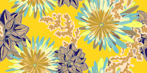 Fototapeta premium Fantasy stylized blooming floral pattern with chrysanthemum flowers, seamless endless vector rapport with overlapping pattern