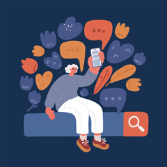 Carton vector illustration of woman sitting on searching bar. Holding in her hands phone and showing it to you over dark background