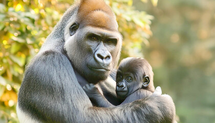Obraz premium Gorilla mother hugging her child, outdoors.