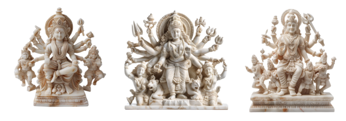 Set of Three Marble Sculptures Depicting Hindu Deities with Detailed Elements isolated on a white background
