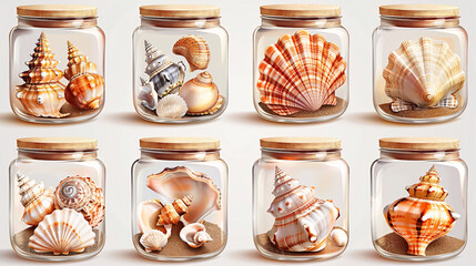 Bright seashell clipart collection in a round glass jar on white background
