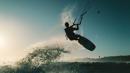 Side angle view, black silhouette of a person kite surfing, beach and ocean background, airborne trick, natural light, action photography