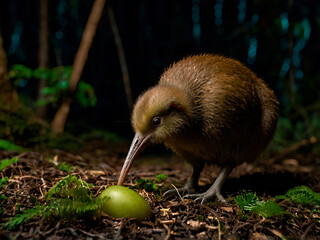 Obraz premium A kiwi bird foraging on the forest floor at night, using its long beak to probe the ground.