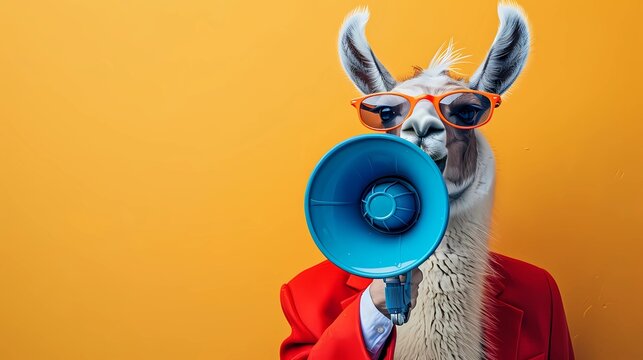 adorable and Fashionable lama Wearing red Suit and Sunglasses Holding Megaphone Against yellow Background