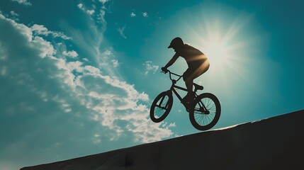 Side angle view, black silhouette of a person BMX biking, urban park background, performing stunt, natural light, dynamic sports photo