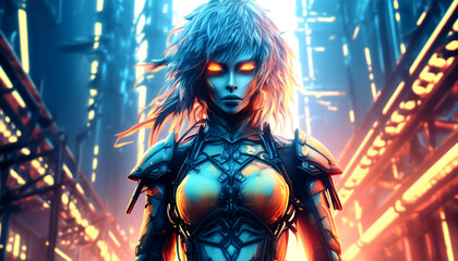 Fototapeta premium Mysterious and futuristic cyberpunk enchantress with glowing eyes