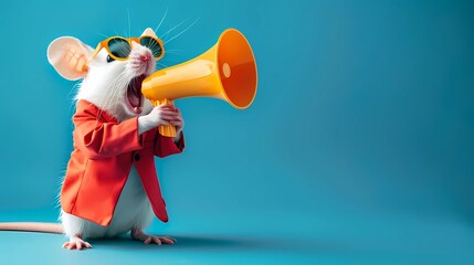 Fashionable white mouse Wearing red Suit and Sunglasses Holding Megaphone Against blue Background