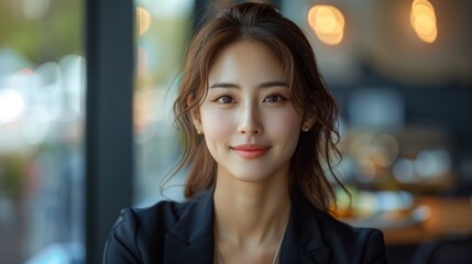 Naklejka premium Young Asian Woman Smiling at Camera in a Cafe