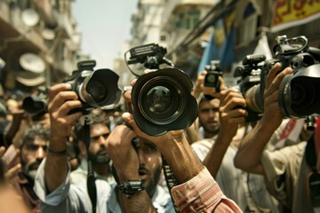 paparazzi with cameras in the street closeup, press freedom around the world, democratic values