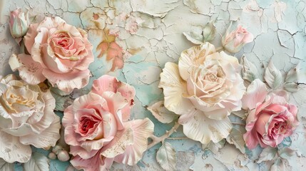 A wall with a floral design and a few roses