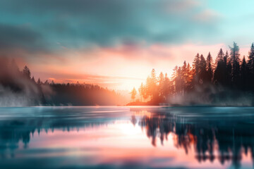 Fototapeta premium A serene lake reflecting a vibrant sunrise, with mist rising from the water and a line of trees in the background.