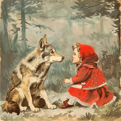 Ilustracion para cuentos de Caperucita Roja junto al Lobo en un bosque