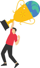 Business worldwide winner, achievement, victory or international success, win global competition, globalization business concept, businessman superhero with award prize trophy winner on planet earth.
